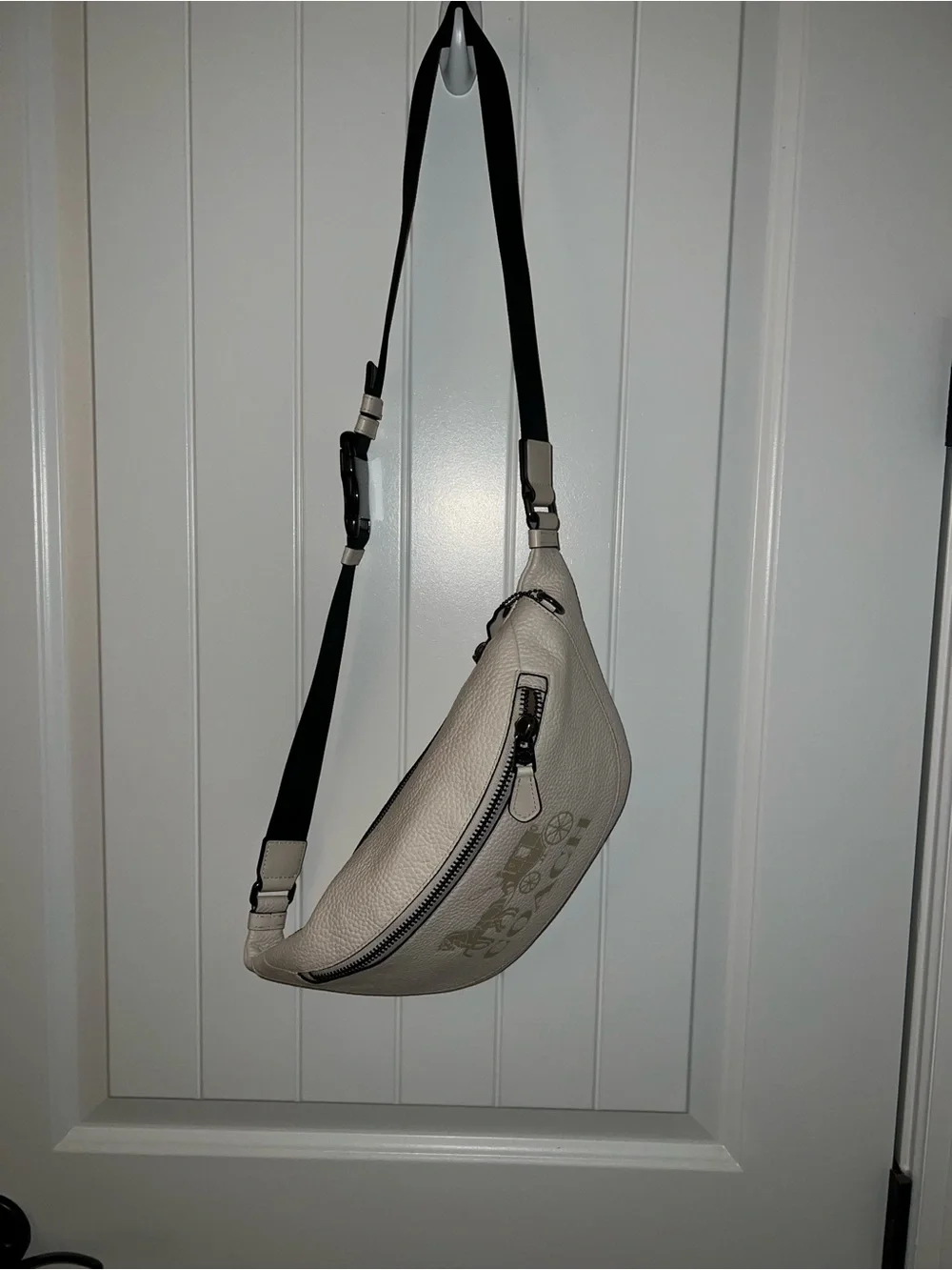 Coach Cream Pebbled Leather Crossbody Belt Bag with Black Strap
